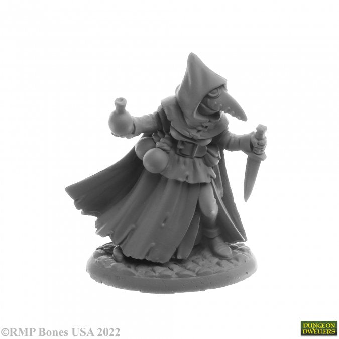 Sister Hazel, Plague Doctor - Unpainted gray miniature of a fantasy plague doctor wearing a beaked mask, hooded cloak, holding a dagger and potion bottle.