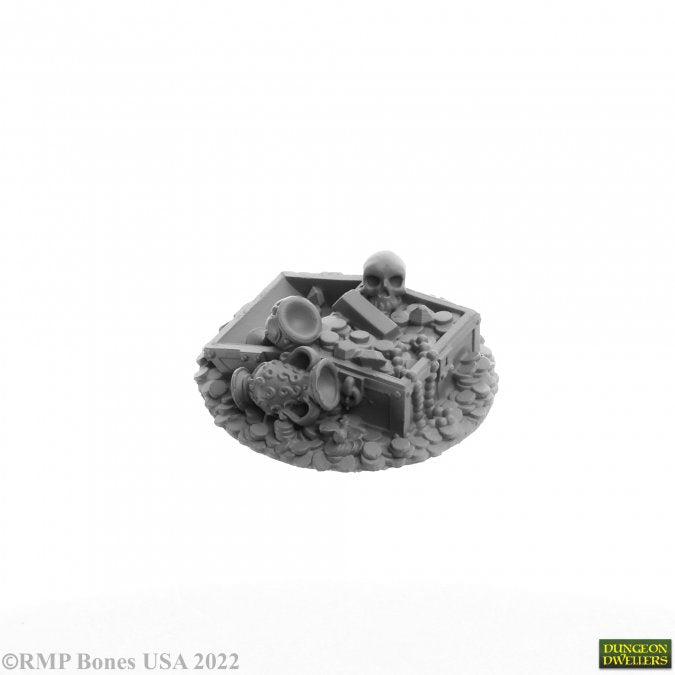 Treasure Pile - Gray miniature fantasy treasure pile with skull, coins, chest, and scattered gems on textured base.
