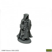 Sister Ailene - Gray resin miniature of a hooded fantasy cleric holding a book and shield, standing on a textured base.