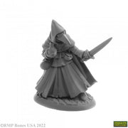 Brother Lazarus, Plague Doctor - Unpainted gray resin miniature of plague doctor figure in hooded cloak holding a knife and potion bottle.