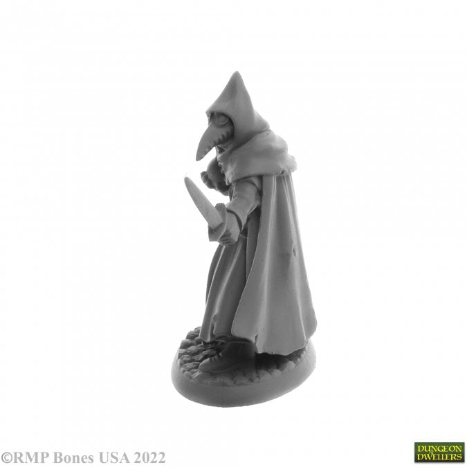 Brother Lazarus, Plague Doctor - Gray resin figurine of a plague doctor wearing a long cloak and beaked mask, holding a knife.
