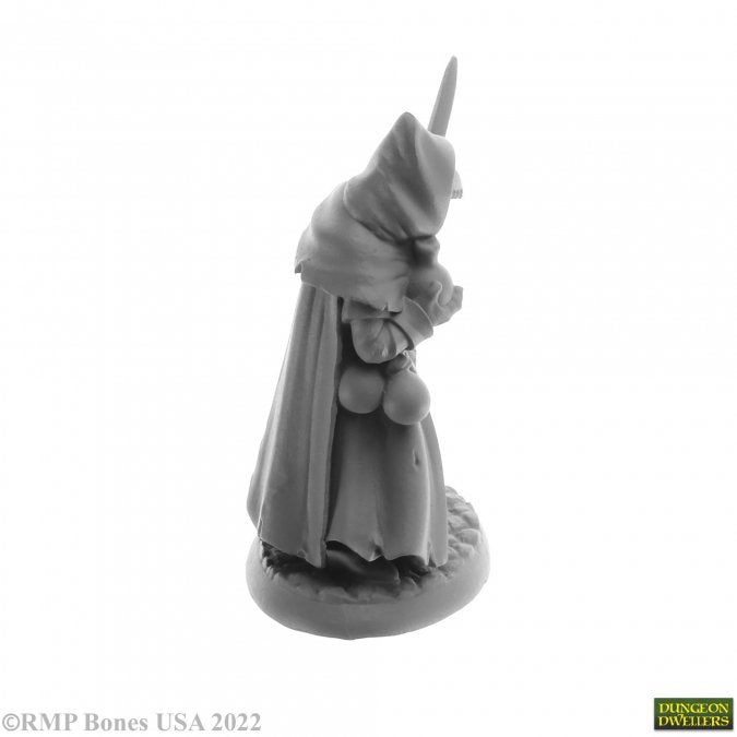 Brother Lazarus, Plague Doctor - Gray resin figurine of a plague doctor with a beaked mask, hooded cloak, and potion bottles hanging from the belt.