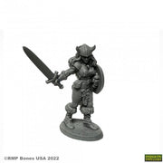 Jana Frostwind, Barbarian - Gray plastic miniature of a barbarian warrior wielding a sword and shield wearing horned helmet and fur armor.