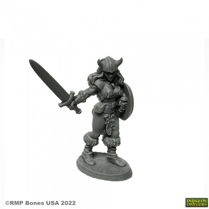 Jana Frostwind, Barbarian - Gray plastic miniature of a barbarian warrior wielding a sword and shield wearing horned helmet and fur armor.