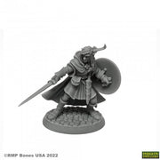 Mellonir Windrunner, Elf Warrior - Gray plastic miniature of an elf warrior with horned helmet, sword, shield, and flowing cape on stone base.