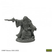 Erebus Nalas, Evil Sorcerer - Gray resin miniature of an evil sorcerer in flowing robes casting a spell with outstretched arm.