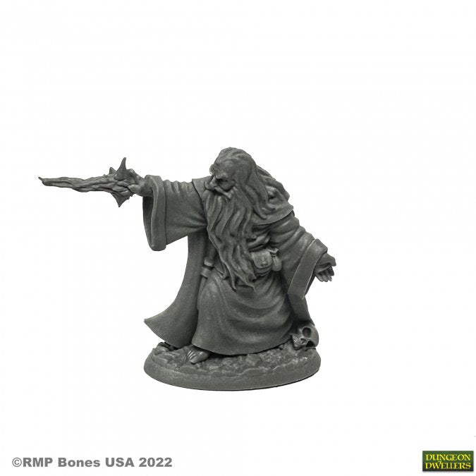 Erebus Nalas, Evil Sorcerer - Gray resin miniature of an evil sorcerer in flowing robes casting a spell with outstretched arm.