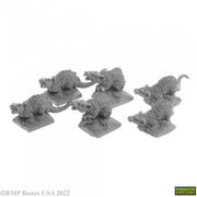 Giant Tomb Rats (6) - Set of six unpainted gray plastic giant tomb rat miniatures with detailed fur and menacing faces on rectangular bases.