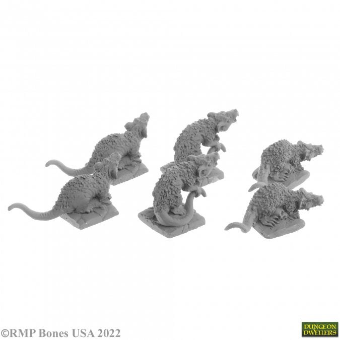 Giant Tomb Rats (6) - Set of six unpainted gray plastic giant rat miniatures with textured fur and long tails on square bases.