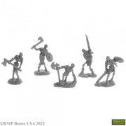 Bog Skeletons (5) - Five detailed gray fantasy skeleton miniatures, each holding different weapons and posed on small bases.