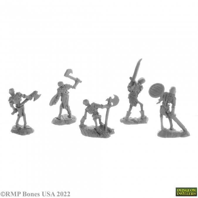 Bog Skeletons (5) - Five detailed gray plastic skeleton miniatures posed with weapons and shields for tabletop gaming.