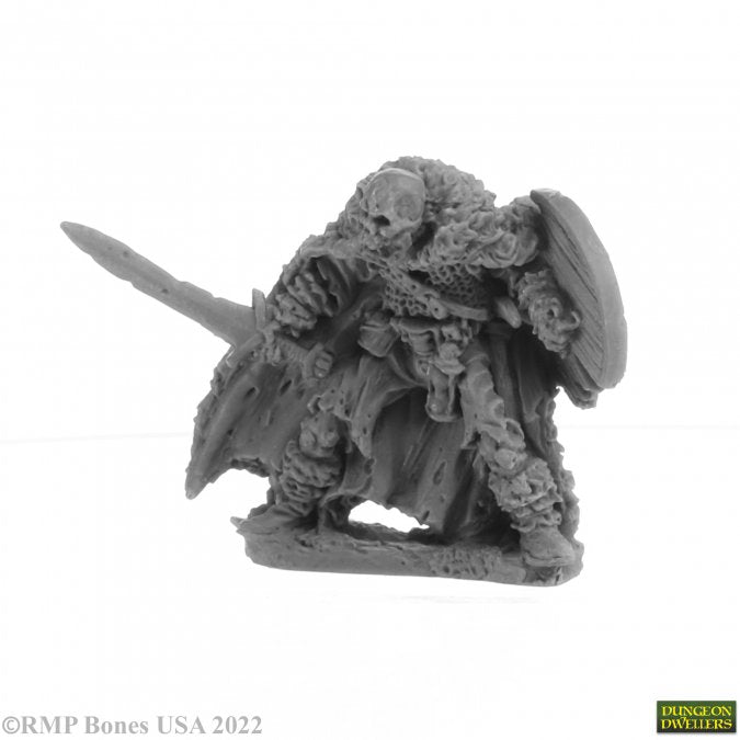 Crypt Guardian Skeleton - Gray fantasy skeleton warrior miniature wearing tattered armor and cloak, wielding a shield and spear.
