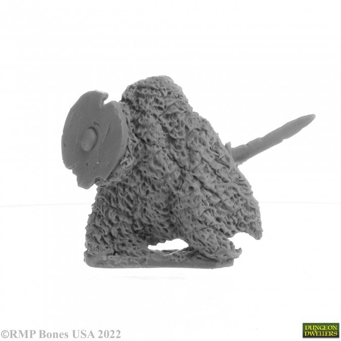 Crypt Guardian Skeleton - Gray crypt guardian skeleton figure crouching with round shield and spear, textured cloak details.