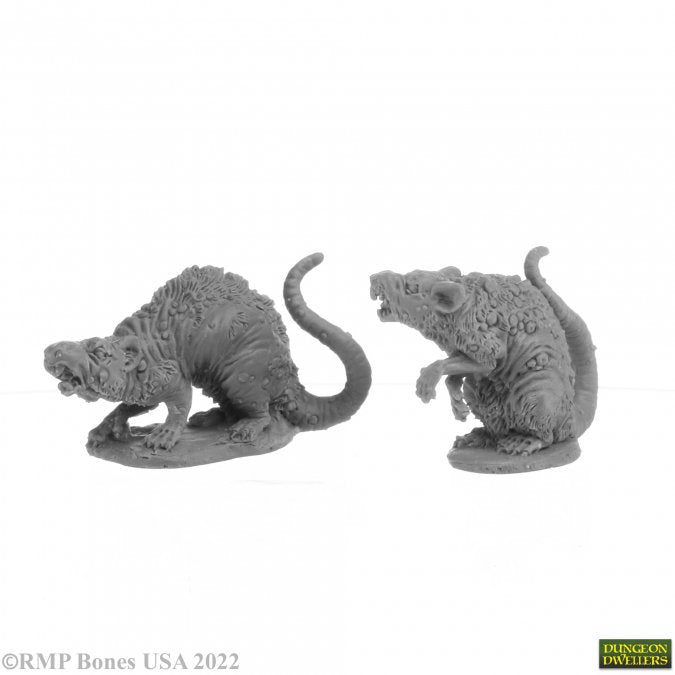 Barrow Rats (2) - Two detailed gray miniature fantasy rats with textured fur and menacing poses on round bases.
