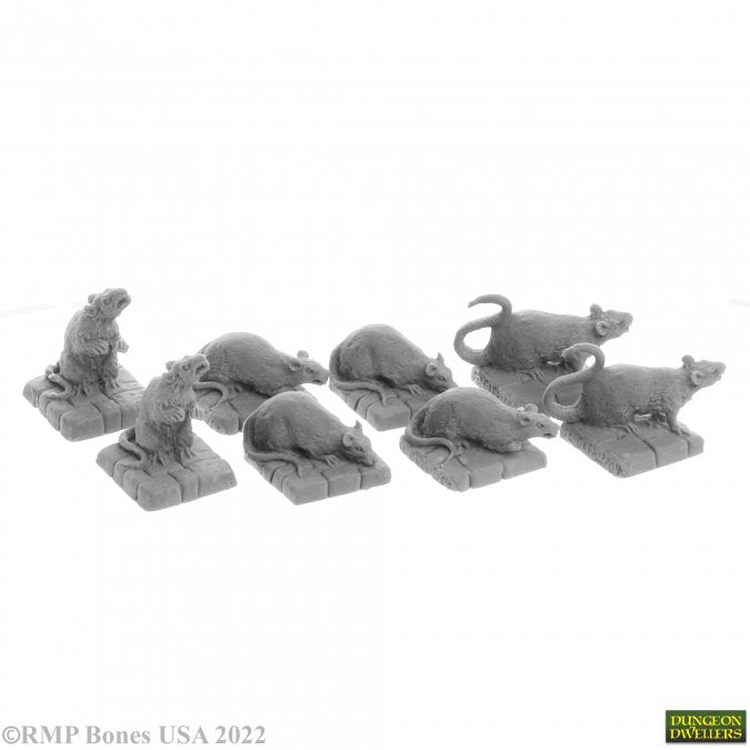 Dire Rats (8) - Eight unpainted gray resin miniatures of fantasy dire rats in various poses on square bases.