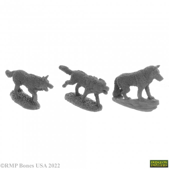 Wolf Pack (3) - Three detailed gray fantasy wolf miniatures in various poses on oval bases.