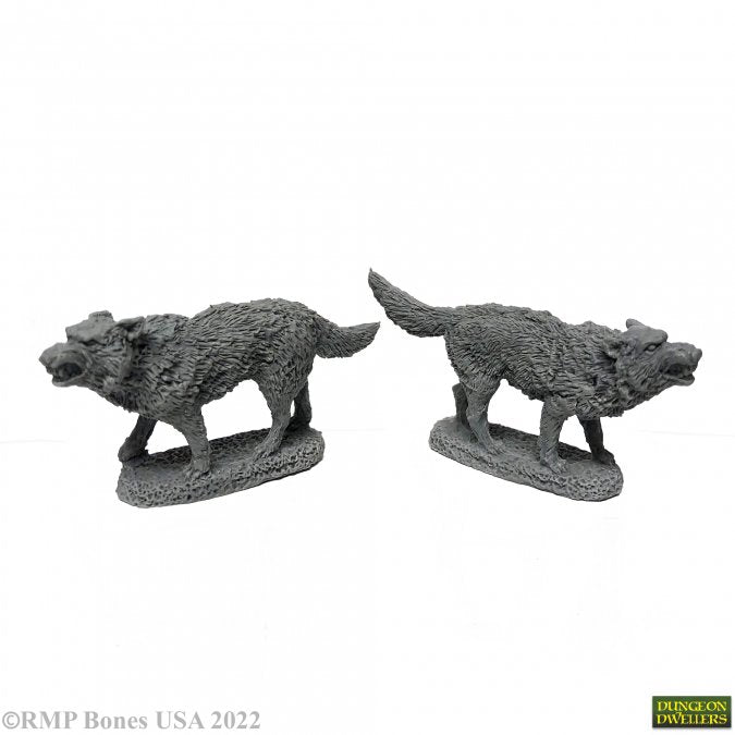 Dire Wolves - Two gray resin dire wolf miniatures with textured fur and snarling expressions on oval bases.