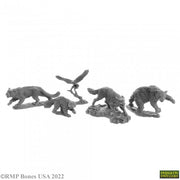 Animal Companions (5) - Set of five gray miniature fantasy animal companions including wolf, rabbit, bird, badger, and bear figures.