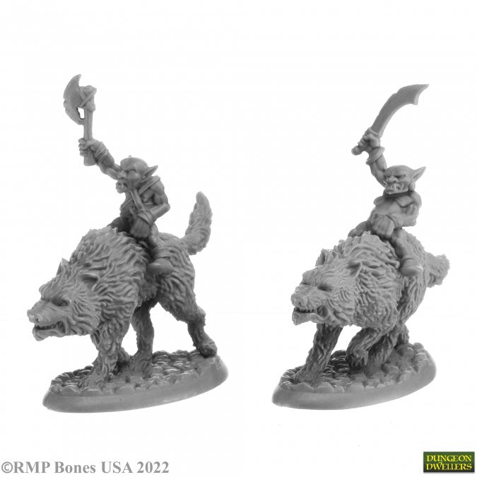 Goblin Wolfriders (2) - Gray unpainted miniatures of goblin warriors riding wolves, each holding curved weapons, detailed fur and armor.