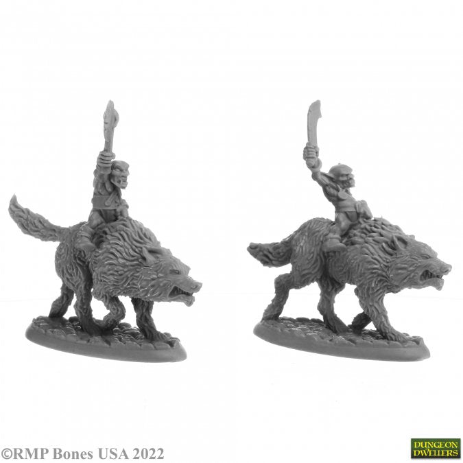 Goblin Wolfriders (2) - Two gray plastic fantasy miniatures of goblin riders wielding curved swords, each mounted on a wolf with textured fur and.