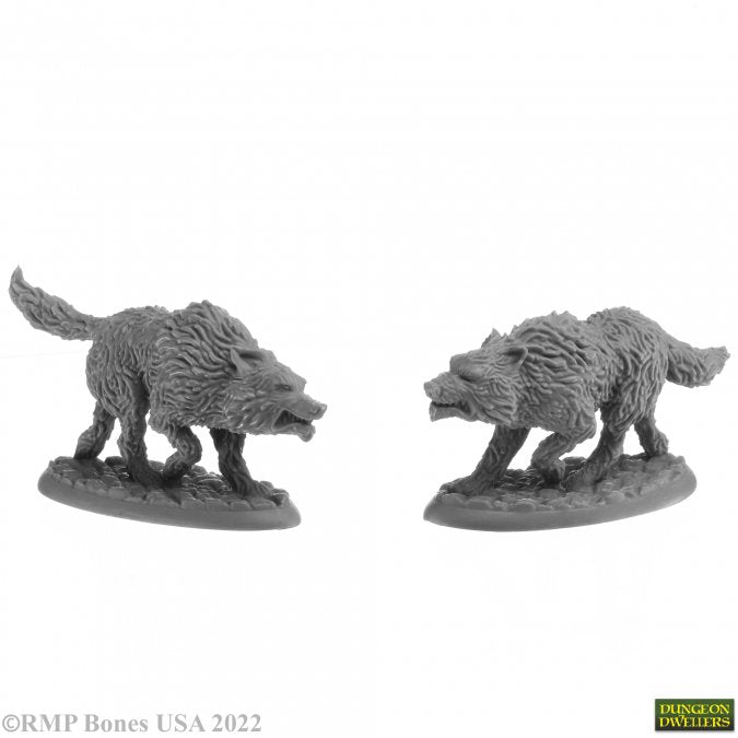 Goblin Wolfriders (2) - Two gray unpainted resin wolf miniatures with detailed fur texture, posed on oval bases in aggressive stances.