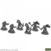 Goblin Pillagers (6) - Set of six unpainted goblin warrior miniatures in dynamic battle poses, armed with swords and axes, on round bases.