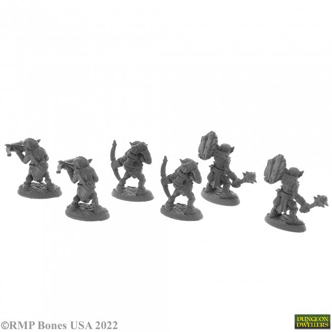 Goblin Pillagers (6) - Six unpainted detailed goblin miniatures armed with various weapons in dynamic poses on round bases.