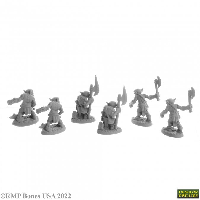 Goblin Raiders (6) - Set of six gray plastic goblin warrior miniatures wielding various weapons in dynamic poses.