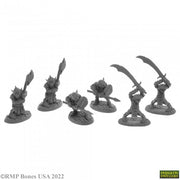 Goblin Warriors (6) - Six unpainted goblin warrior miniatures in dynamic battle poses wielding swords and spears.