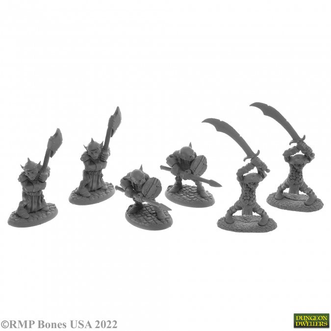 Goblin Warriors (6) - Six unpainted goblin warrior miniatures in dynamic battle poses wielding swords and spears.