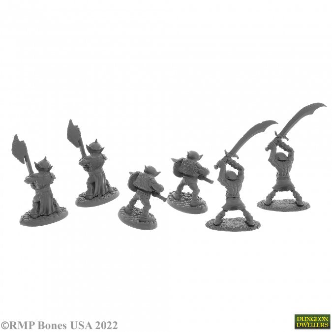 Goblin Warriors (6) - Six unpainted fantasy goblin warrior miniatures in various battle poses with weapons and armor.