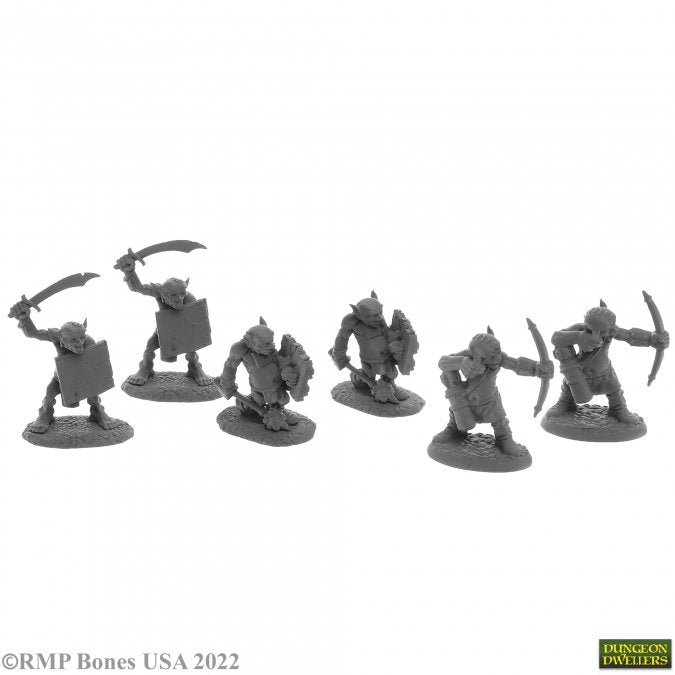 Goblin Skirmishers (6) - Six unpainted fantasy goblin warrior miniatures wielding swords, bows, and shields in dynamic poses.