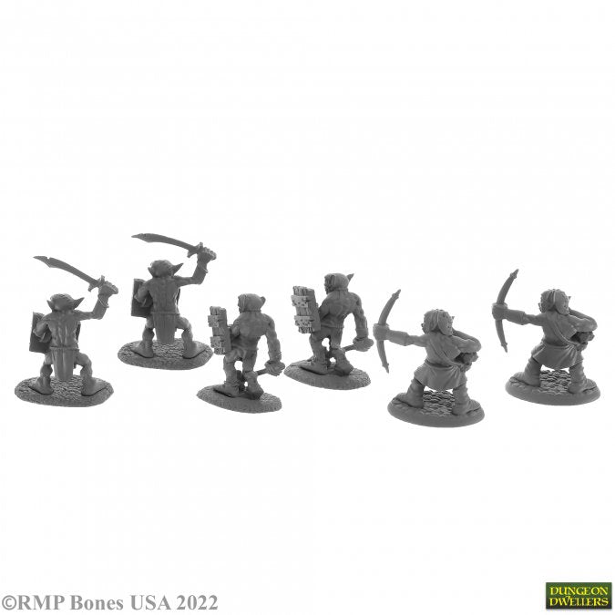 Goblin Skirmishers (6) - Six unpainted gray plastic goblin miniatures in various battle poses wielding swords, bows, and shields.