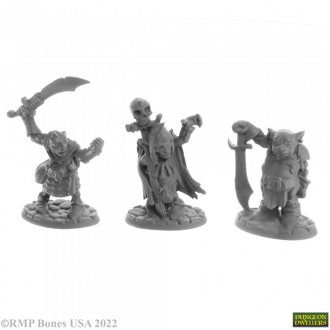 Goblin Elites (3) - Three unpainted gray fantasy goblin miniatures, each wielding unique weapons and standing on textured bases.