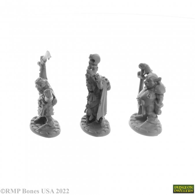 Goblin Elites (3) - Three unpainted gray plastic goblin warrior miniatures with detailed armor and weapons, each on round textured bases.