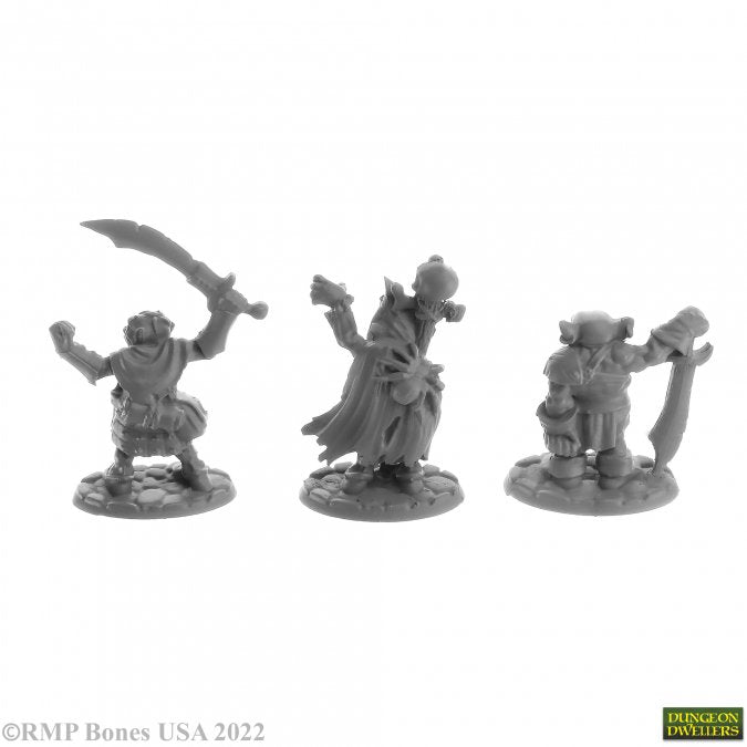 Goblin Elites (3) - Three unpainted gray plastic fantasy goblin warrior miniatures with distinct weapons and armor on round bases.