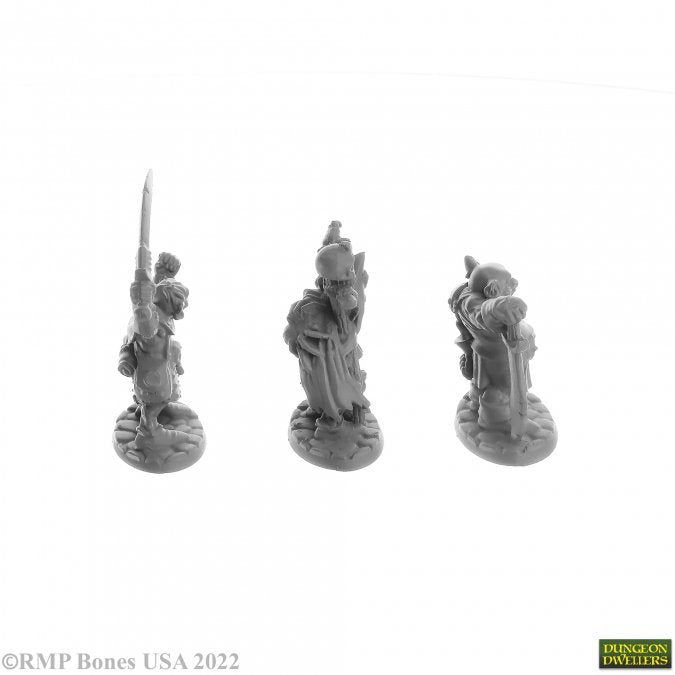Goblin Elites (3) - Three unpainted gray resin goblin warrior miniatures with weapons and armor in dynamic poses.