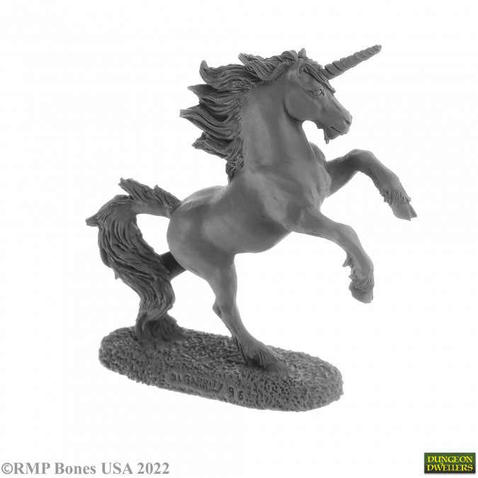 Unicorn - Gray resin unicorn figurine rearing with flowing mane and tail on textured base.