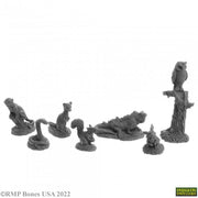 Familiars Pack #2 - Set of seven gray miniature fantasy creature figurines including owl on tree stump, lizard, squirrel, raccoon, and small.