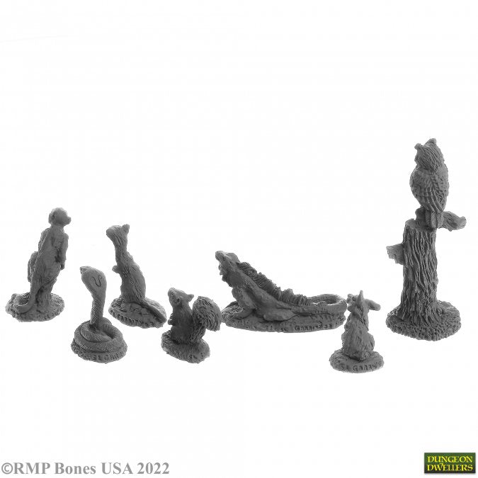 Familiars Pack #2 - Set of six miniature fantasy familiars including a tiny humanoid figure, snake coiled on base, small dragon, frog,.