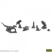 Familiars 3 - Seven small gray resin fantasy miniatures including a dragon, bird, turtle, cat, rat, lizard, and frog-like creature.