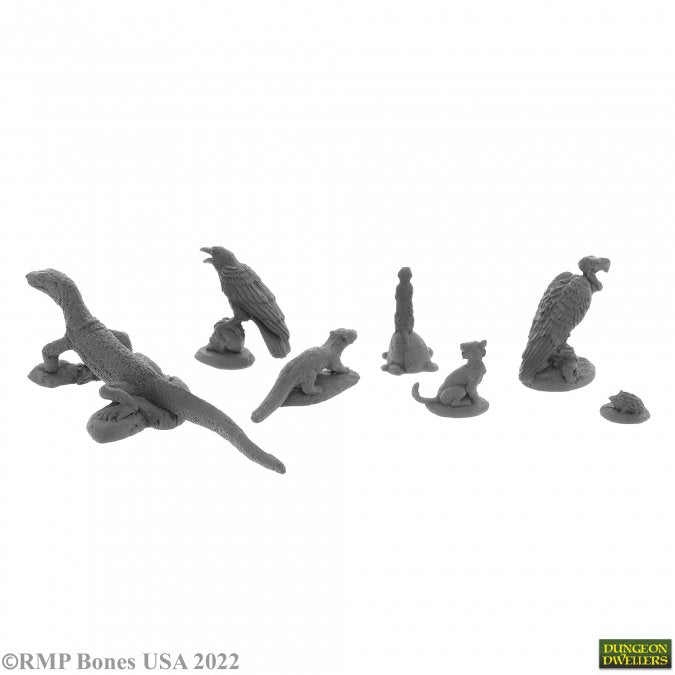 Familiars Pack #3 - Seven unpainted gray fantasy miniature Familiars, including lizard, raven, rat, frog, snake, bat, and turtle on round bases.