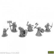 Ratpelt Kobold Leaders (6) - Set of six unpainted fantasy kobold leader miniatures wielding weapons and shields in dynamic poses.