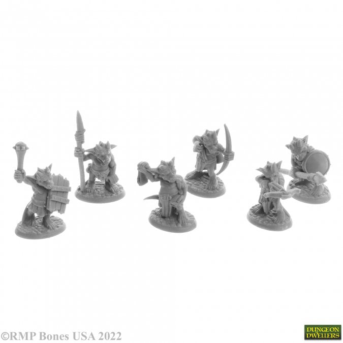 Ratpelt Kobold Warriors (6) - Six unpainted rat-like fantasy miniatures wielding weapons such as swords, axes, and bows with detailed armor and fur.
