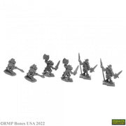 Bloodscale Kobolds (6) - Six unpainted gray fantasy kobold miniatures in various action poses armed with weapons.