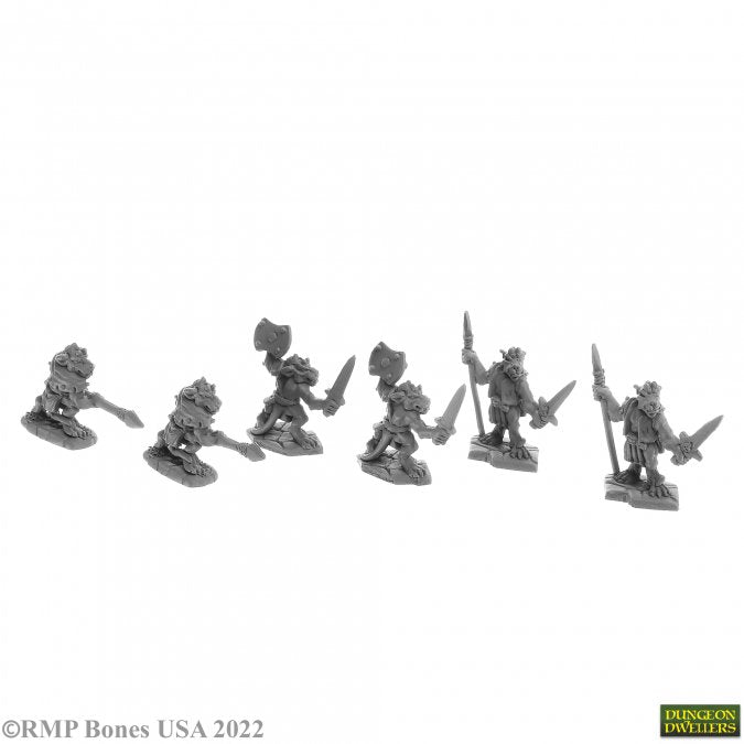 Bloodscale Kobolds (6) - Six unpainted gray fantasy kobold miniatures in various action poses armed with weapons.