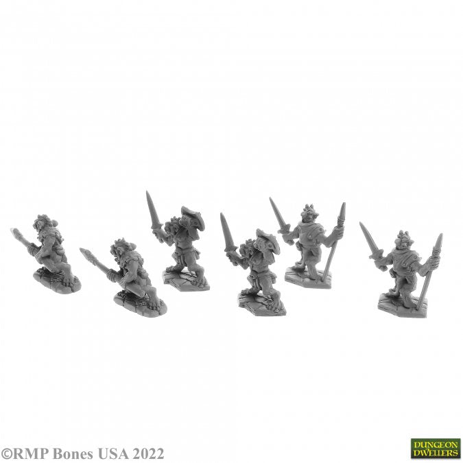 Bloodscale Kobolds (6) - Six unpainted Bloodscale Kobolds miniatures wielding swords and axes in various dynamic poses.