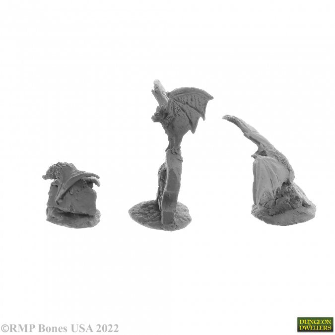 Giant Bats (3) - Three gray resin miniatures of giant bats in various poses, each mounted on a small textured base.