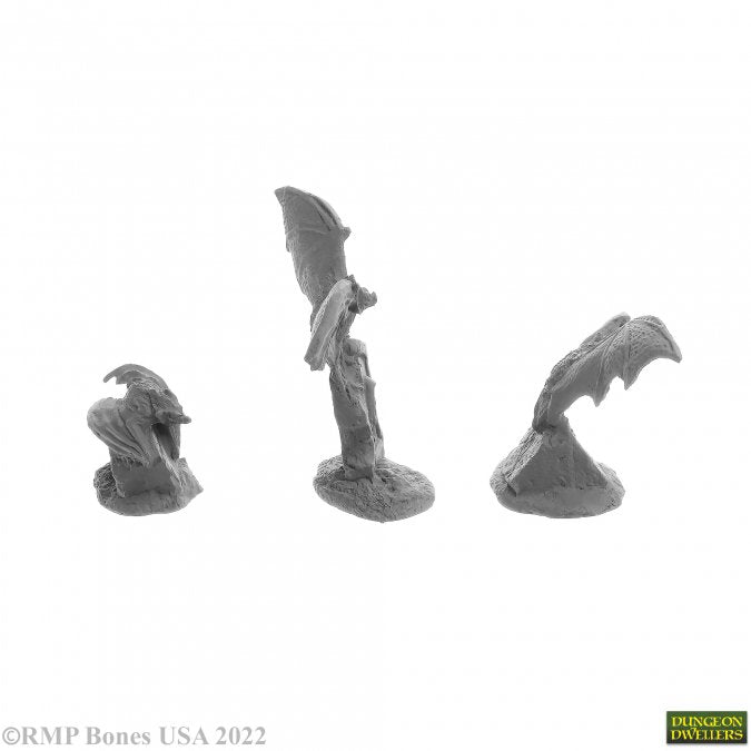 Giant Bats (3) - Three gray miniature giant bats in varied dynamic poses, each with detailed wings and menacing expressions.