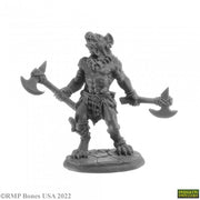 Blackmane Gnoll Ravager - Gray miniature of a Gnoll warrior with a spiked mane wielding dual battle axes on a round base.